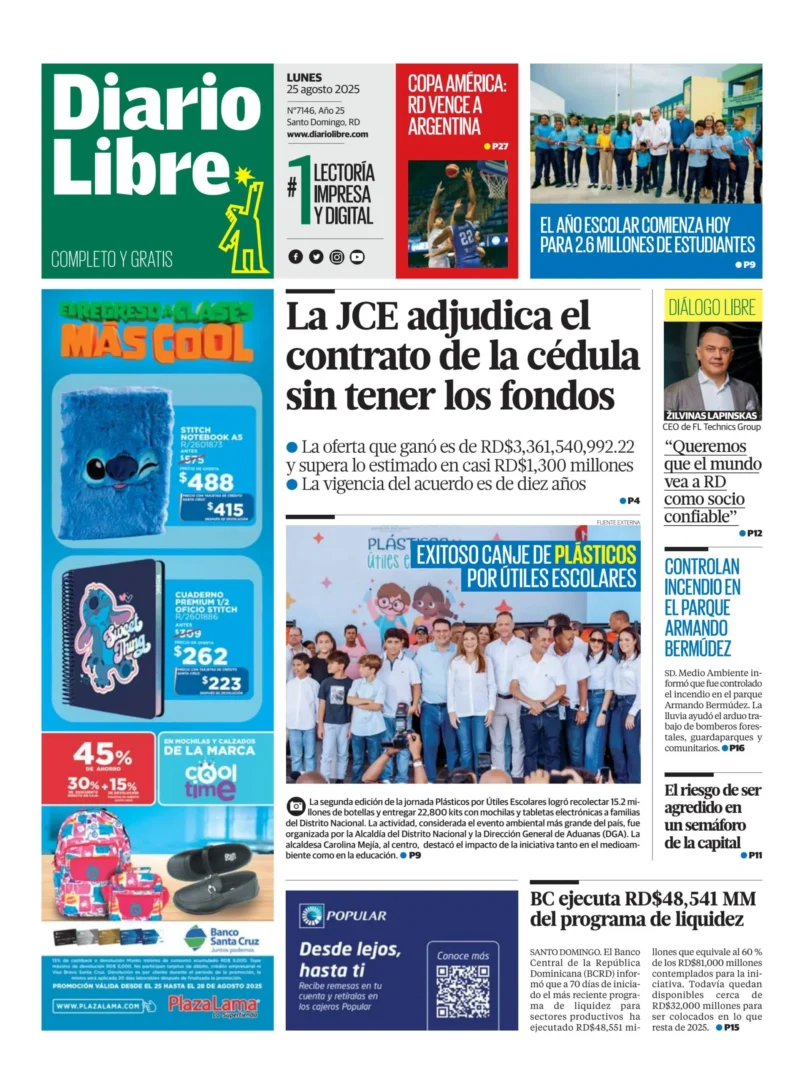 Portada Periódico Diario Libre, Lunes 25, Agosto, 2025