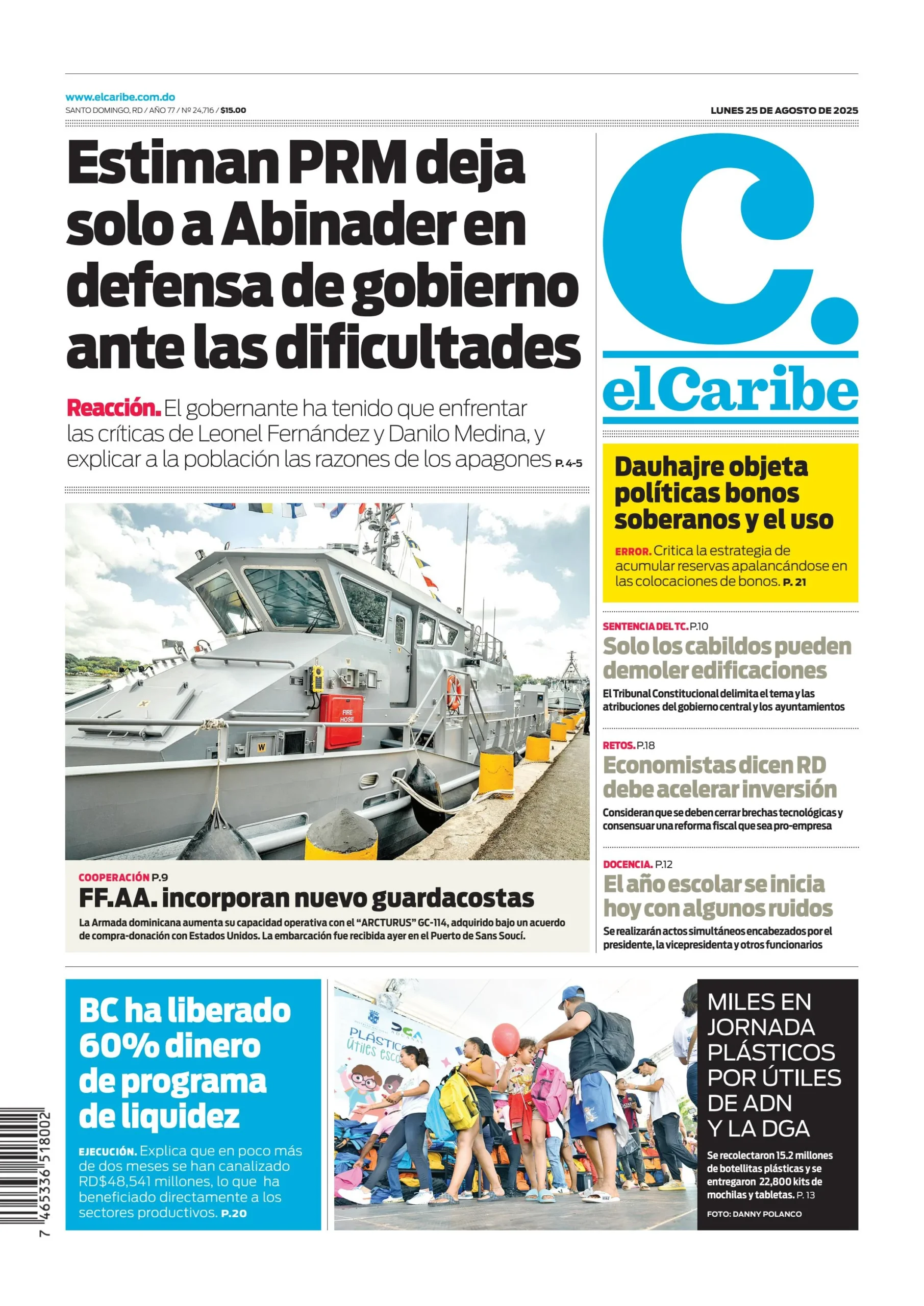 Portada Periódico El Caribe, Lunes 25, Agosto, 2025