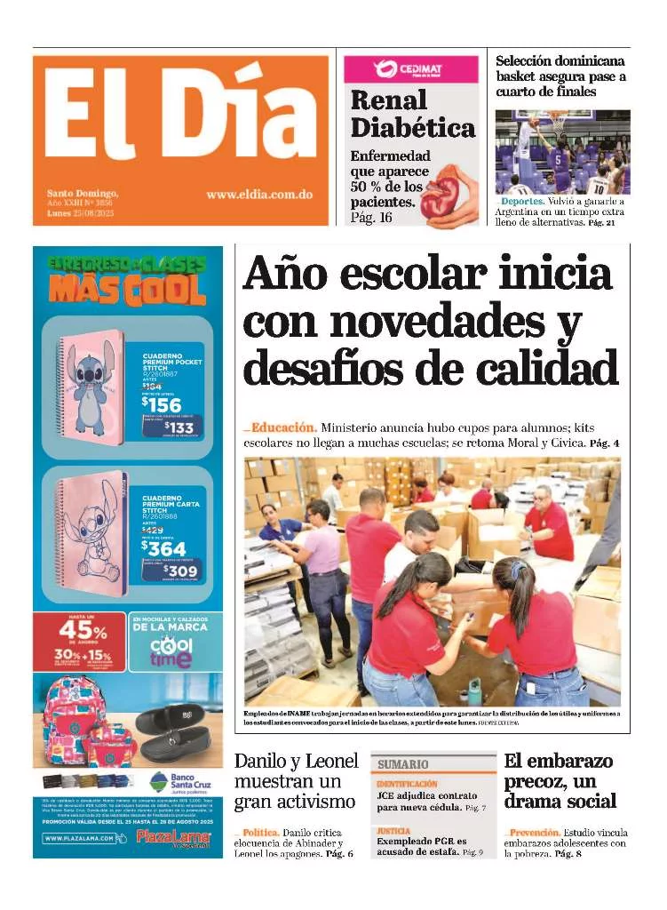 Portada Periódico El Día, Lunes 25, Agosto, 2025