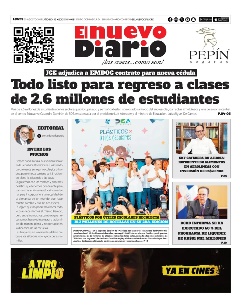 Portada Periódico El Nuevo Diario, Lunes 25, Agosto, 2025