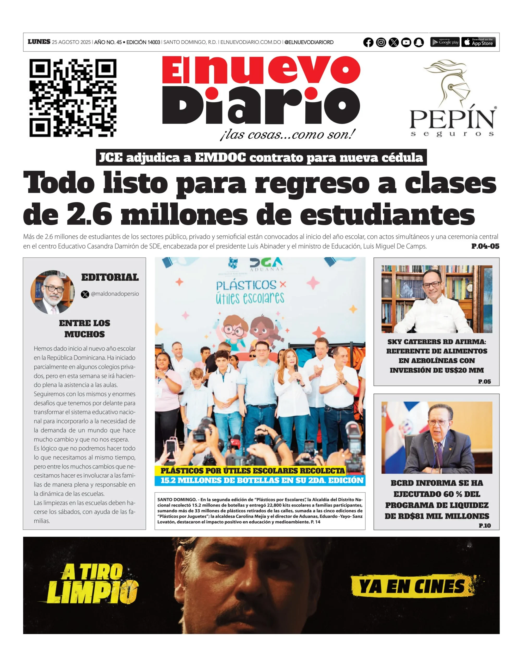 Portada Periódico El Nuevo Diario, Lunes 25, Agosto, 2025