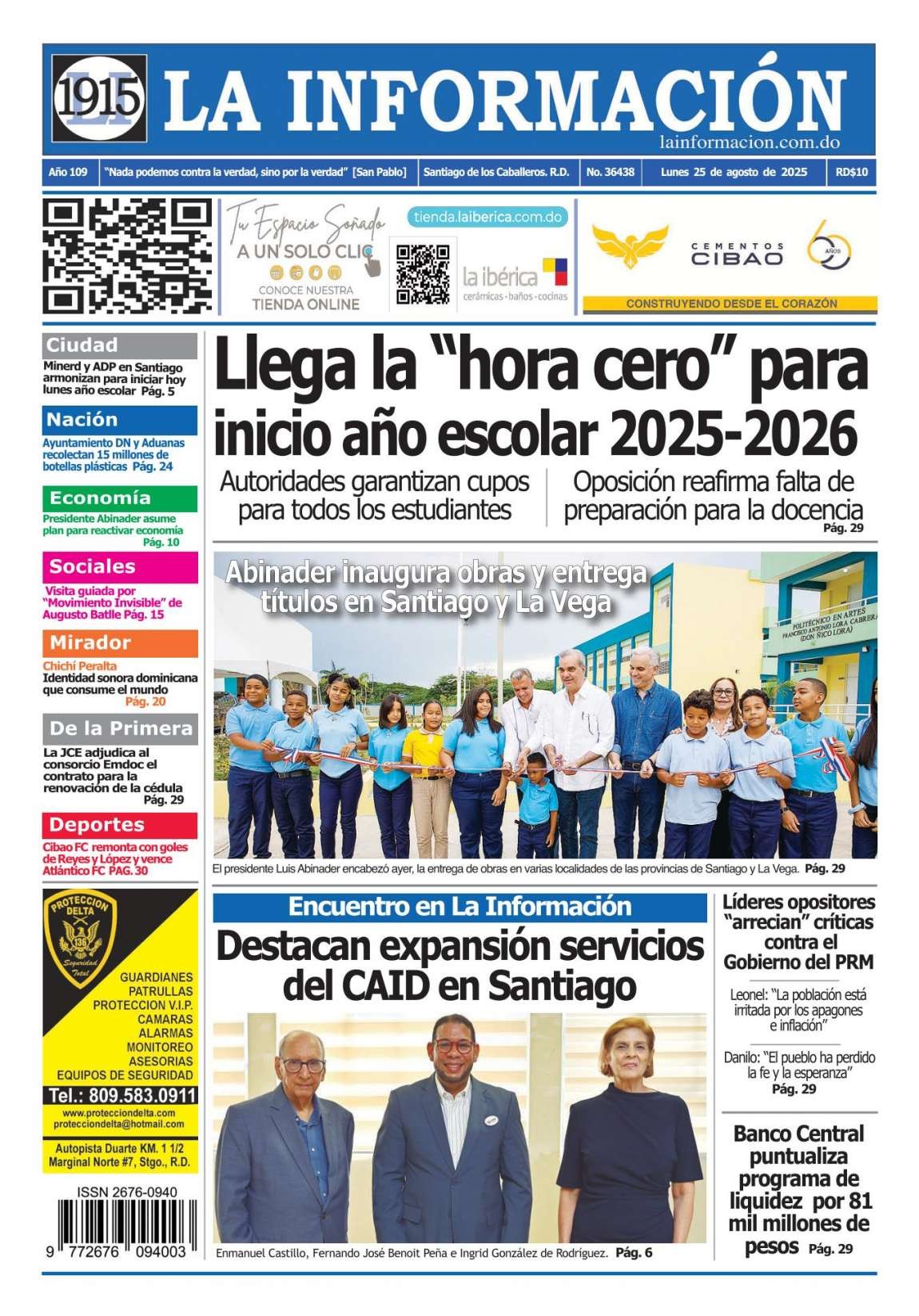 Portada Periódico La Información, Lunes 25, Agosto, 2025