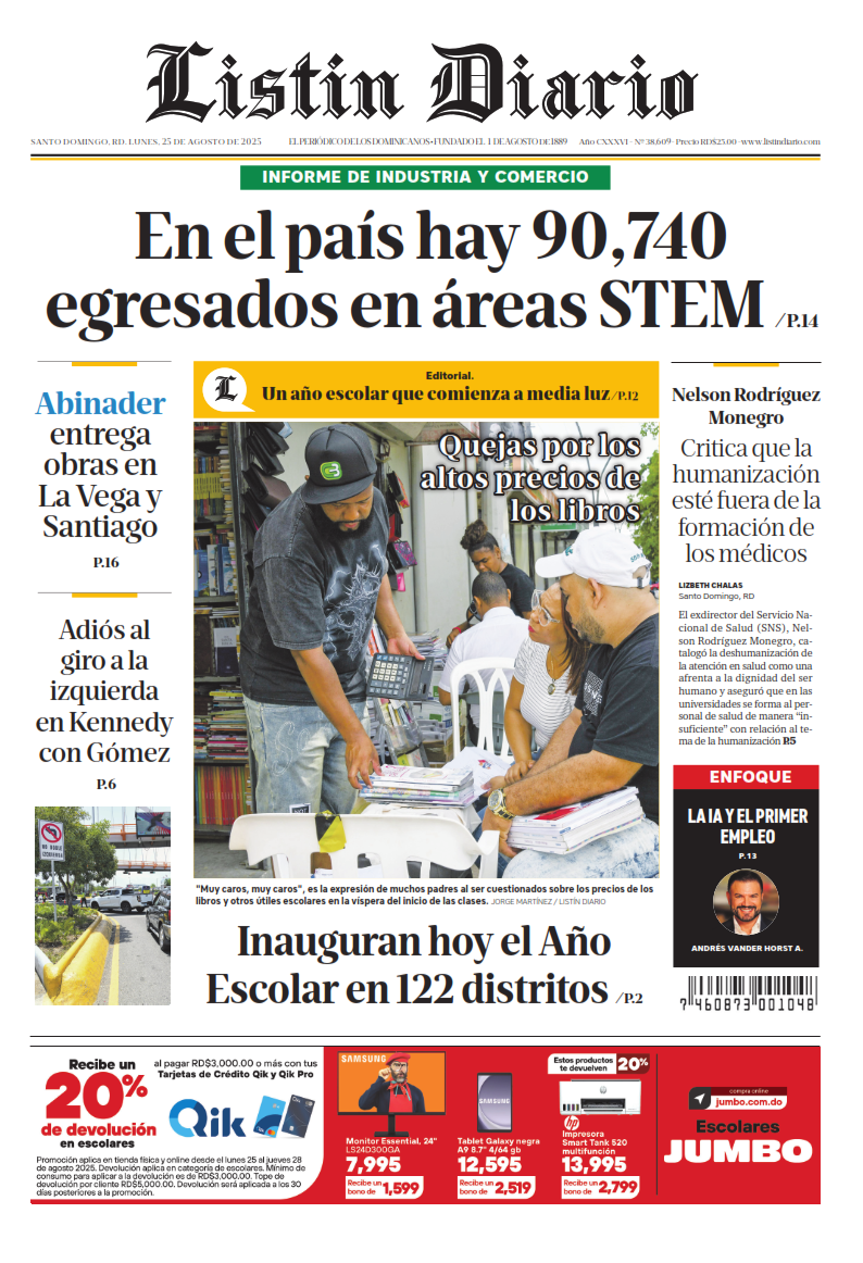 Portada Periódico Listín Diario, Lunes 25, Agosto, 2025