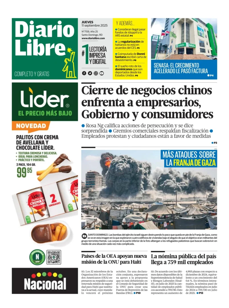 Portada Periódico Diario Libre, Jueves 11, Septiembre, 2025