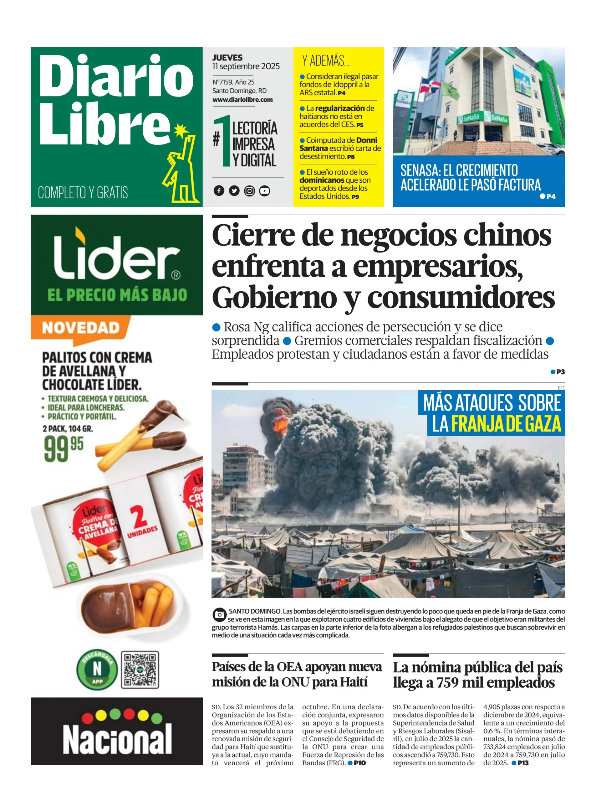 Portada Periódico Diario Libre, Jueves 11, Septiembre, 2025