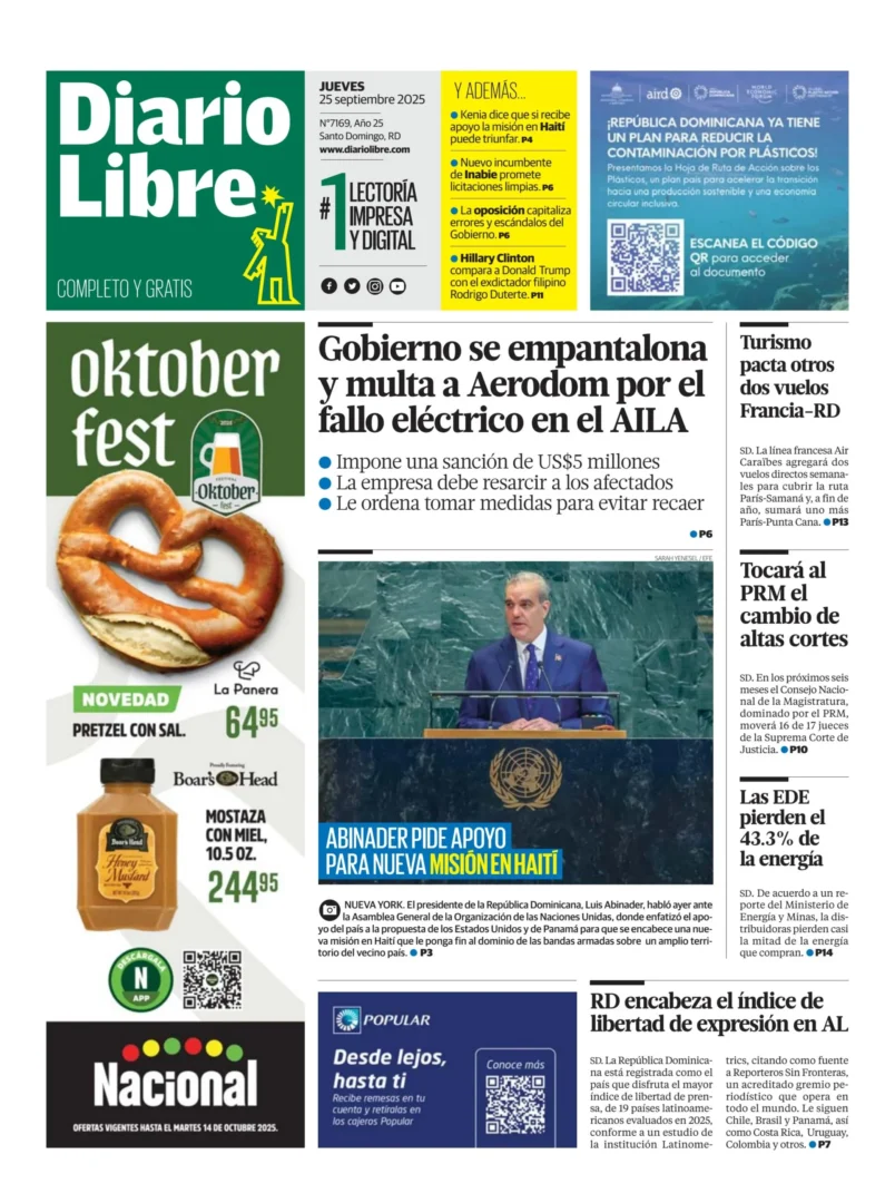 Portada Periódico Diario Libre, Jueves 25, Septiembre, 2025
