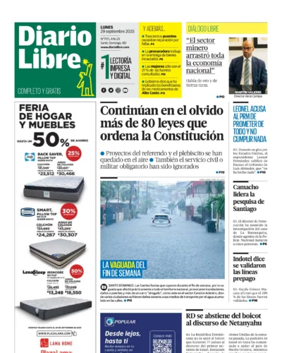 Portada Periódico Diario Libre, Lunes 29, Septiembre, 2025