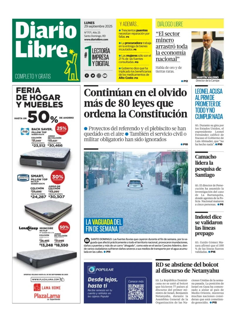 Portada Periódico Diario Libre, Lunes 29, Septiembre, 2025