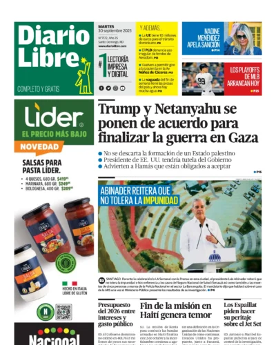 Portada Periódico Diario Libre, Martes 30, Septiembre, 2025