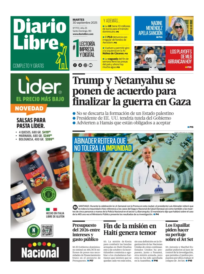 Portada Periódico Diario Libre, Martes 30, Septiembre, 2025