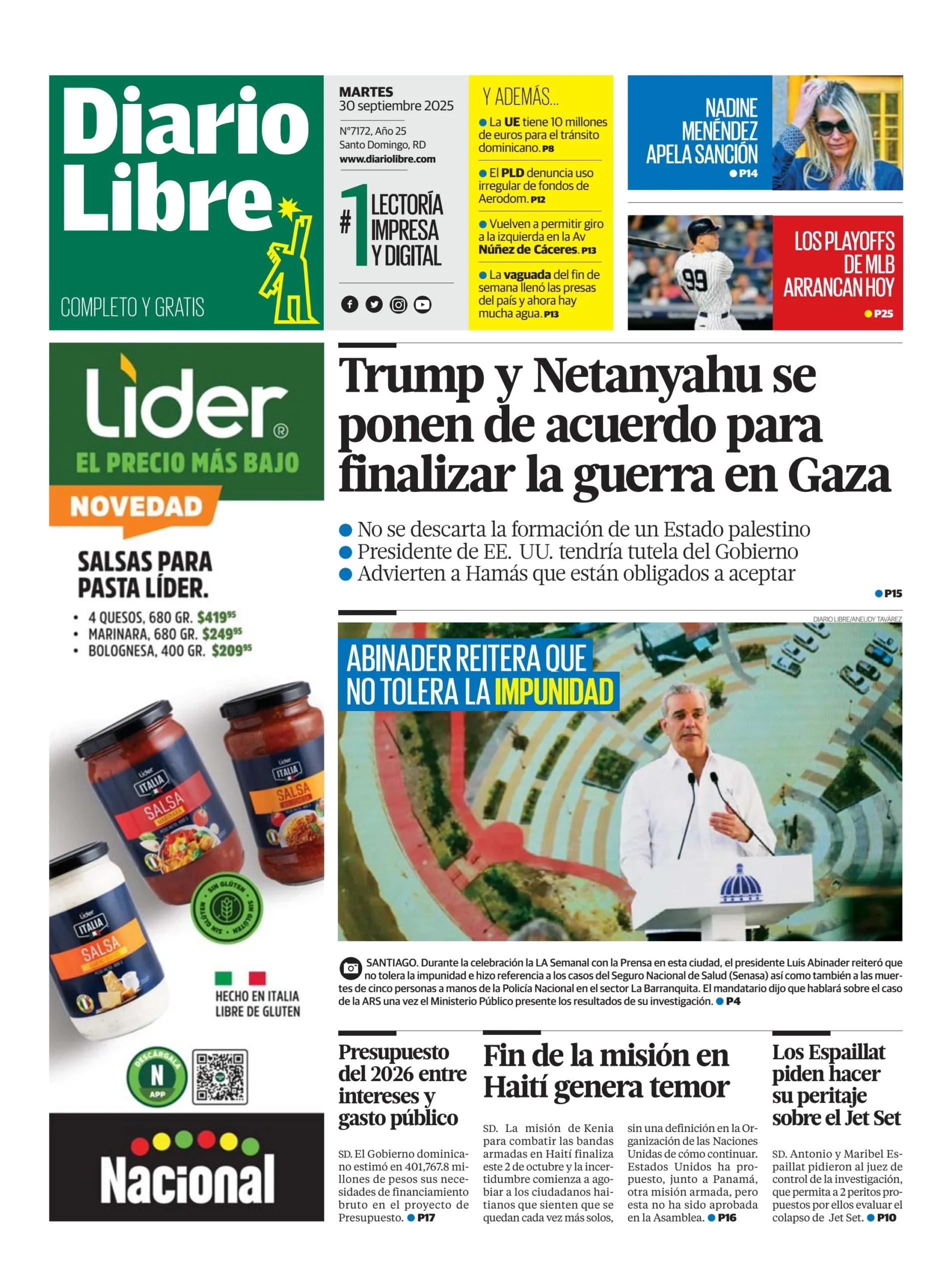Portada Periódico Diario Libre, Martes 30, Septiembre, 2025