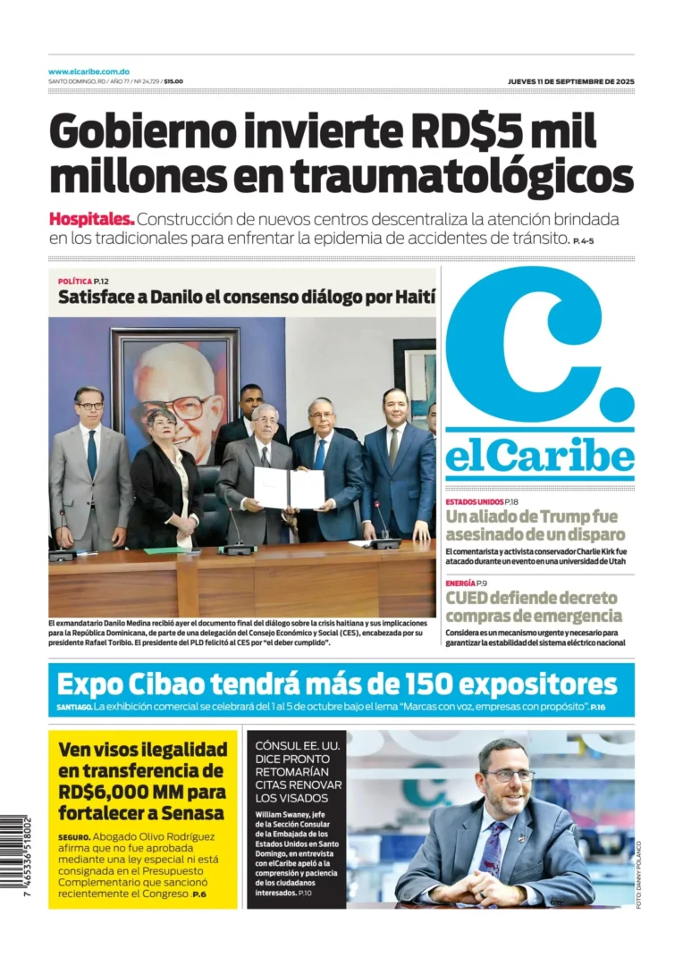 Portada Periódico El Caribe, Jueves 11, Septiembre, 2025