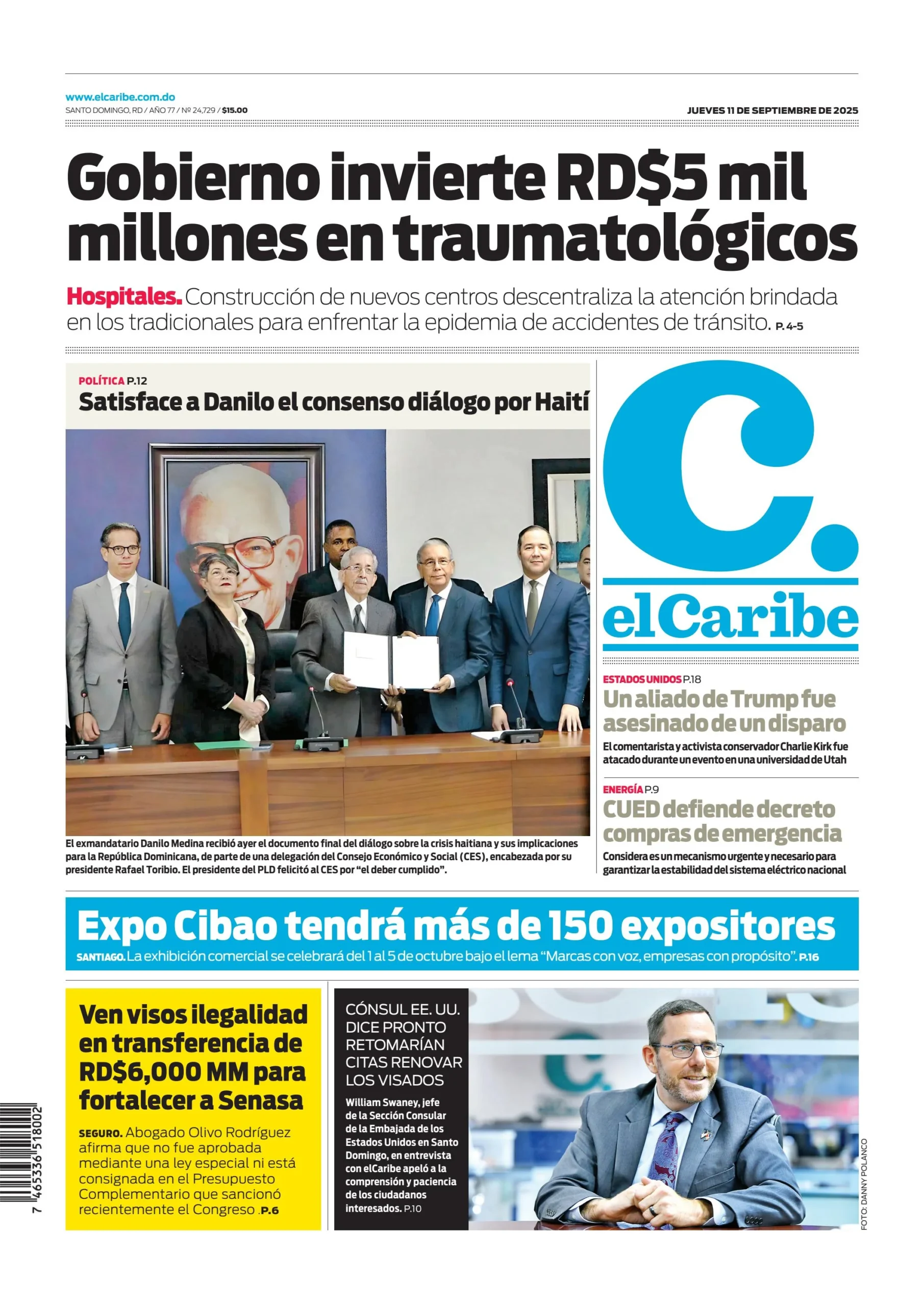 Portada Periódico El Caribe, Jueves 11, Septiembre, 2025