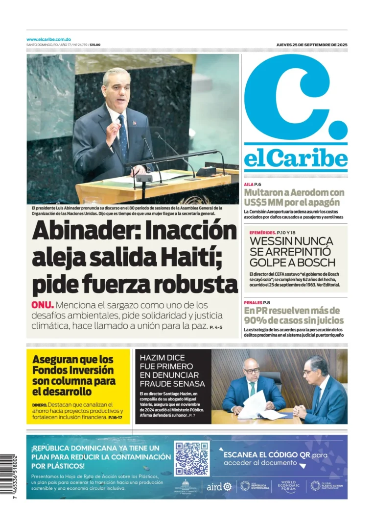 Portada Periódico El Caribe, Jueves 25, Septiembre, 2025