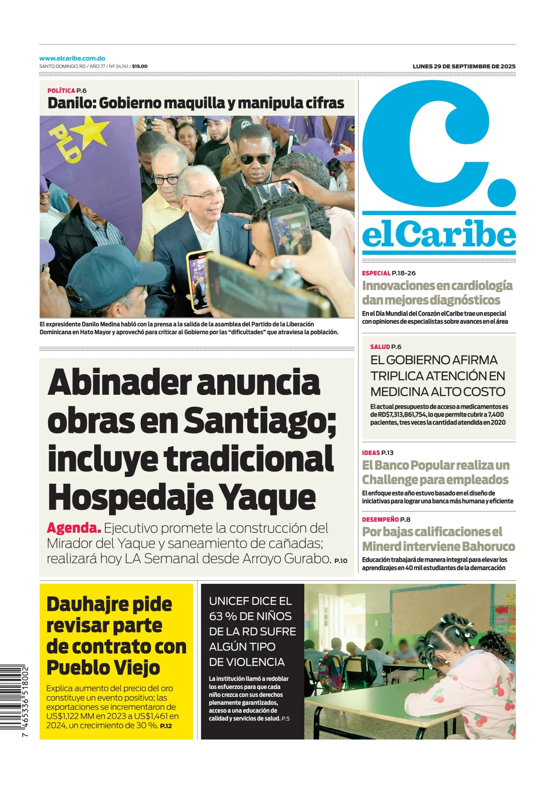 Portada Periódico El Caribe, Lunes 29, Septiembre, 2025