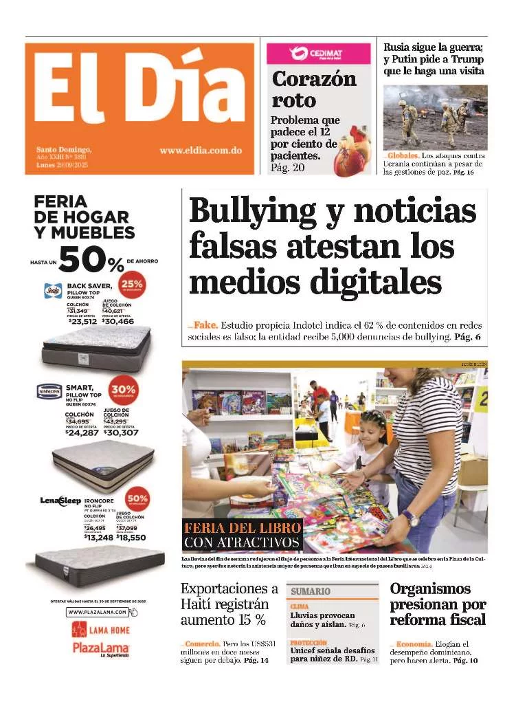 Portada Periódico El Día, Lunes 29, Septiembre, 2025