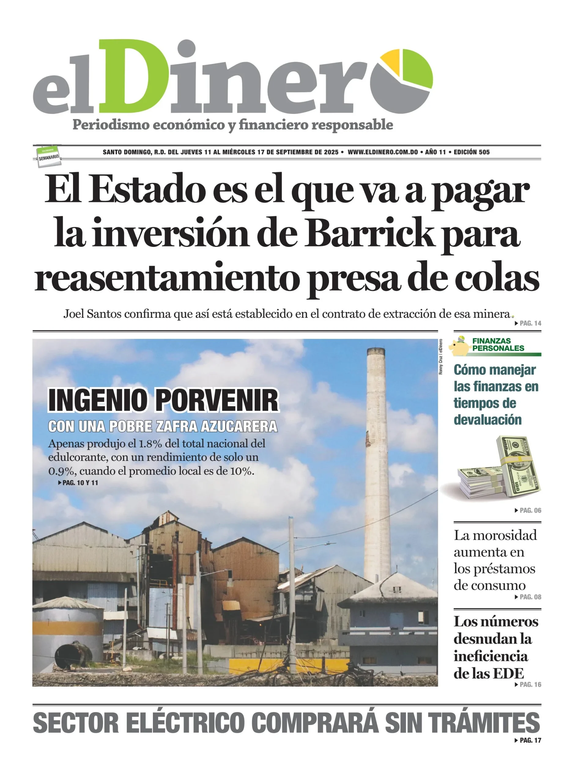 Portada Periódico El Dinero, Jueves 11, Septiembre, 2025