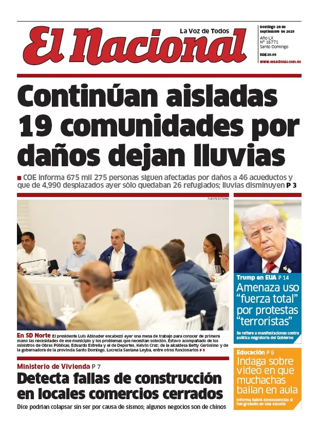 Portada Periódico El Nacional, Domingo 28, Septiembre, 2025