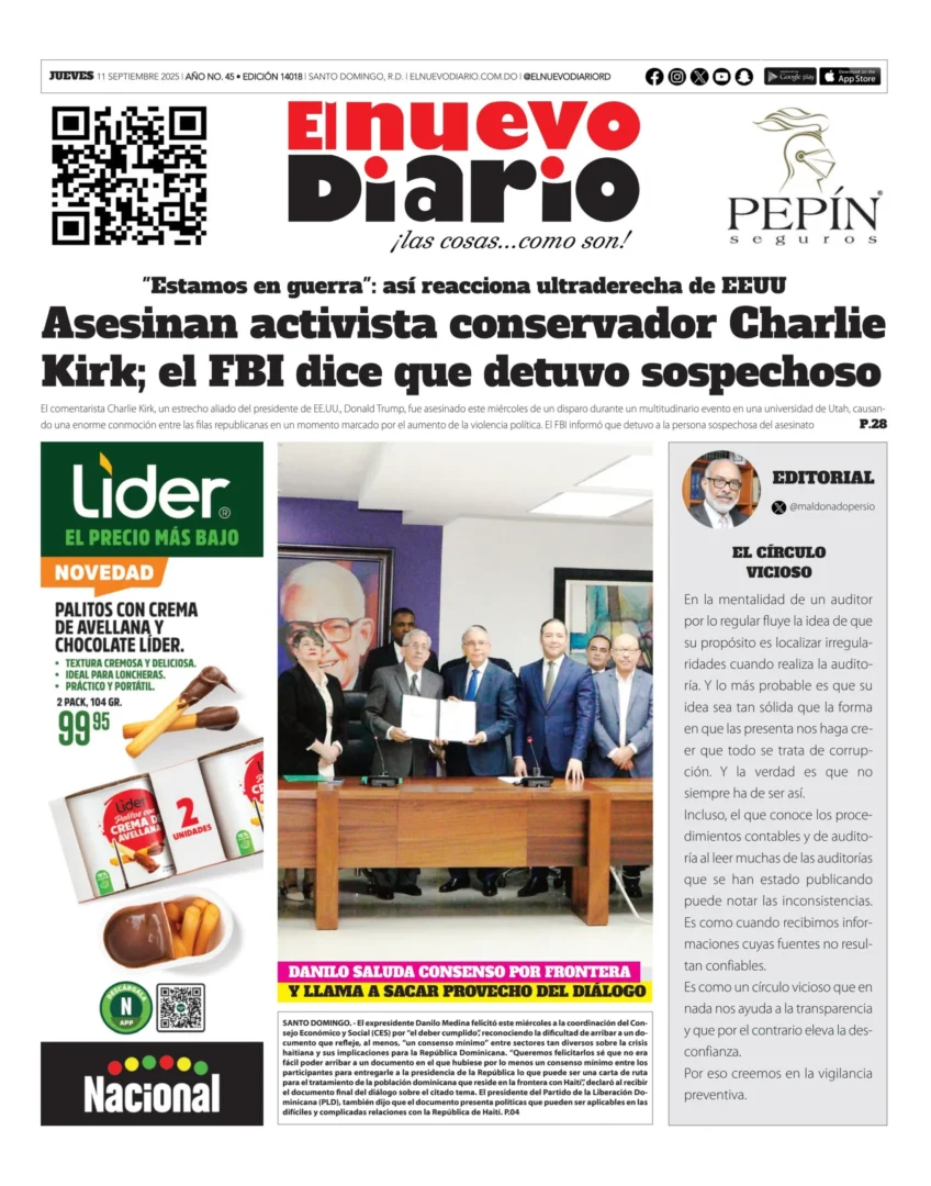 Portada Periódico El Nuevo Diario, Jueves 11, Septiembre, 2025