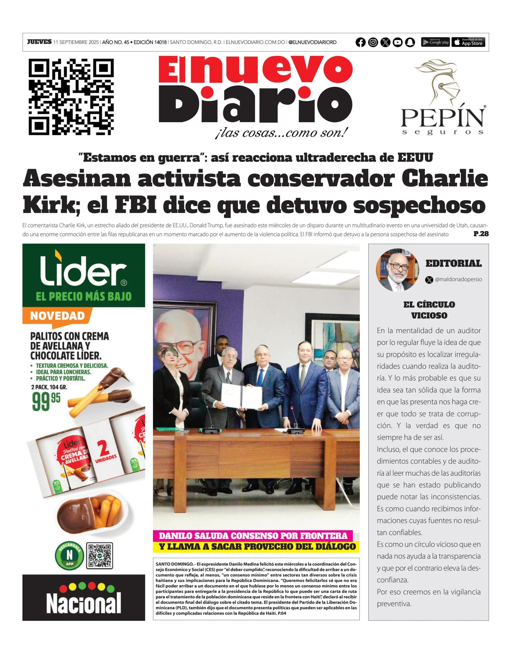 Portada Periódico El Nuevo Diario, Jueves 11, Septiembre, 2025