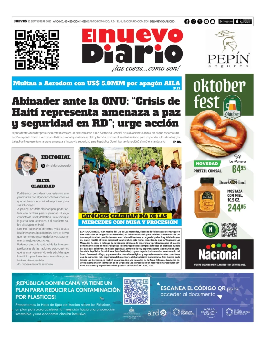 Portada Periódico El Nuevo Diario, Jueves 25, Septiembre, 2025