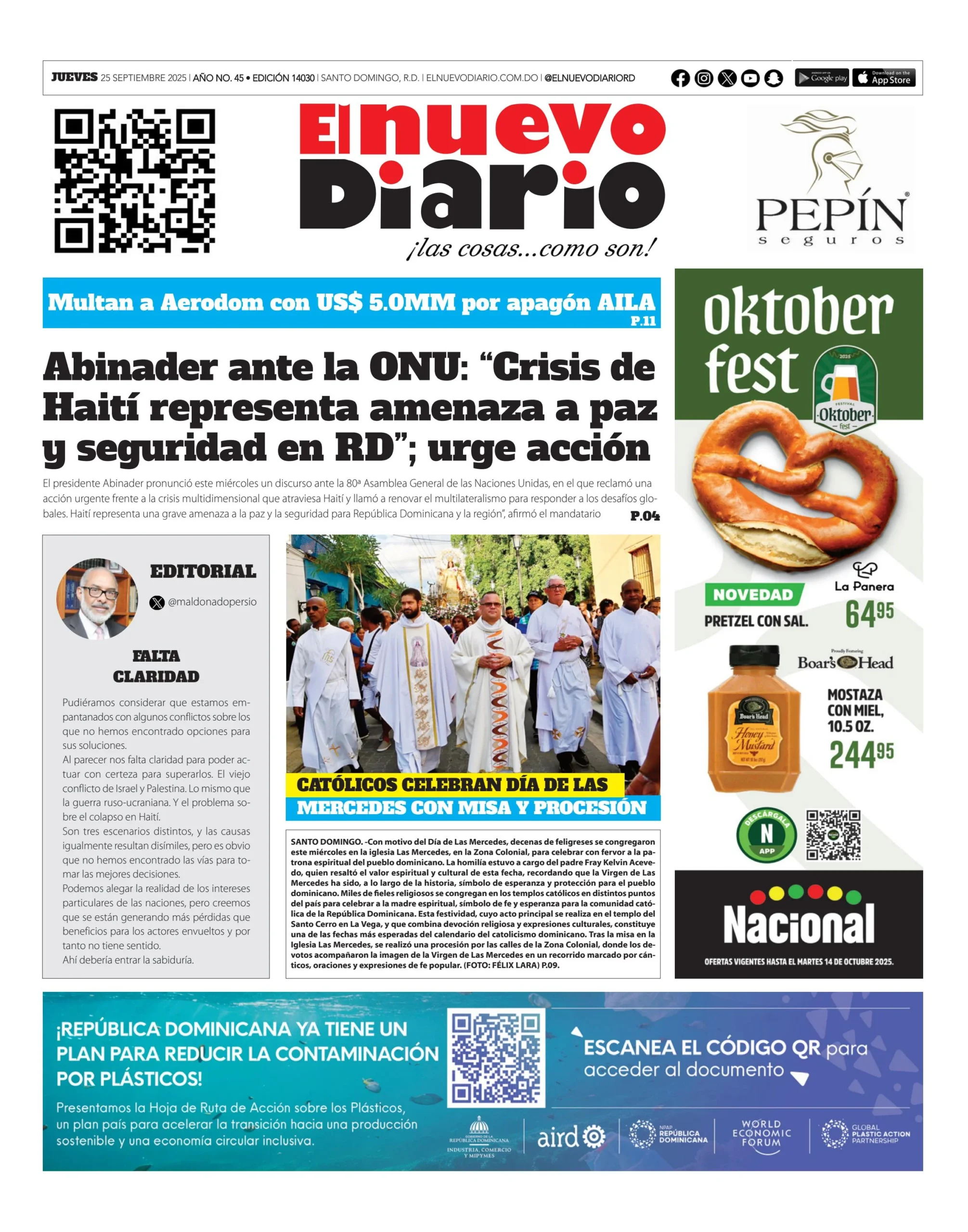 Portada Periódico El Nuevo Diario, Jueves 25, Septiembre, 2025