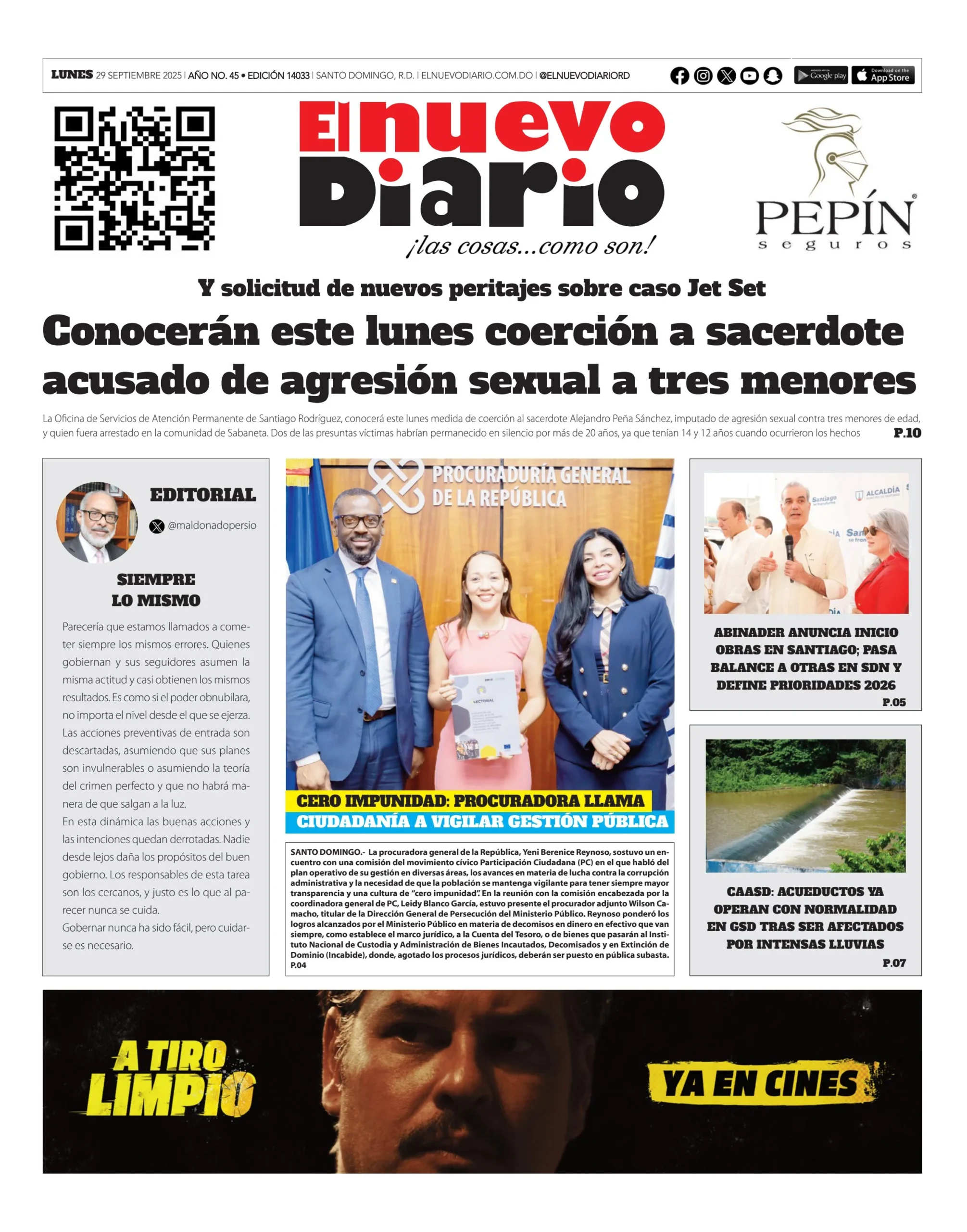 Portada Periódico El Nuevo Diario, Lunes 29, Septiembre, 2025
