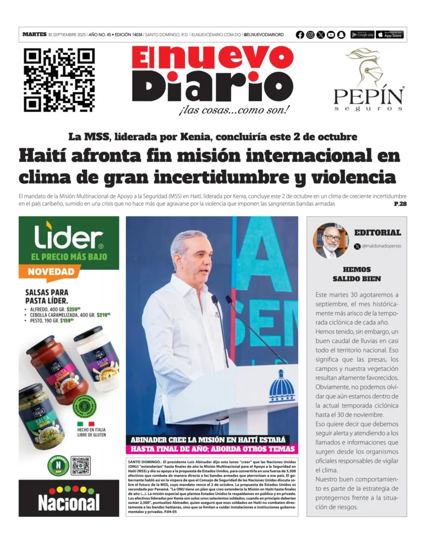 Portada Periódico El Nuevo Diario, Martes 30, Septiembre, 2025
