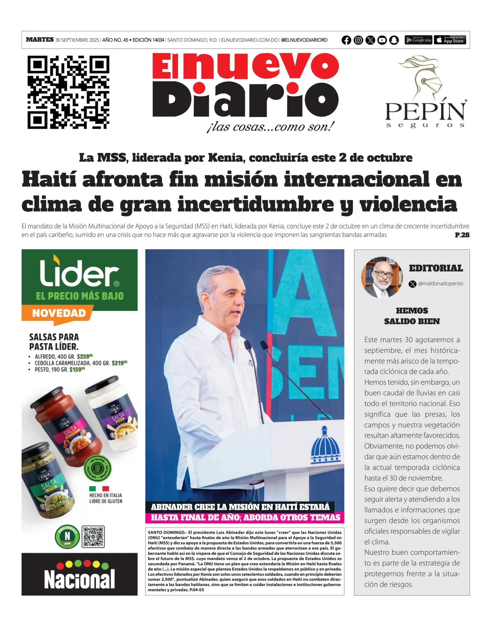 Portada Periódico El Nuevo Diario, Martes 30, Septiembre, 2025
