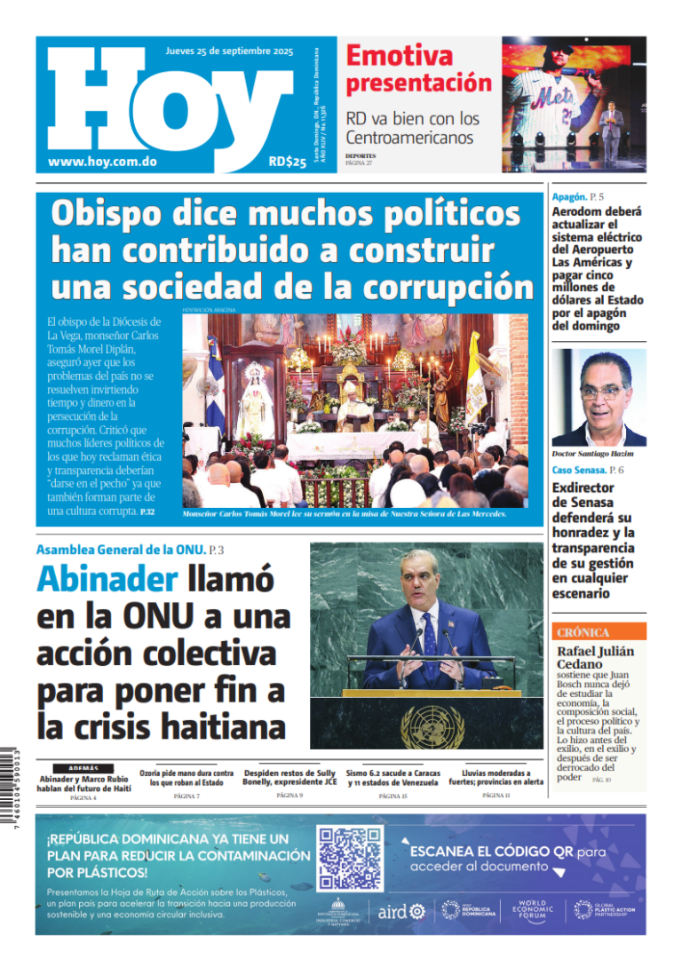 Portada Periódico Hoy, Jueves 25, Septiembre, 2025