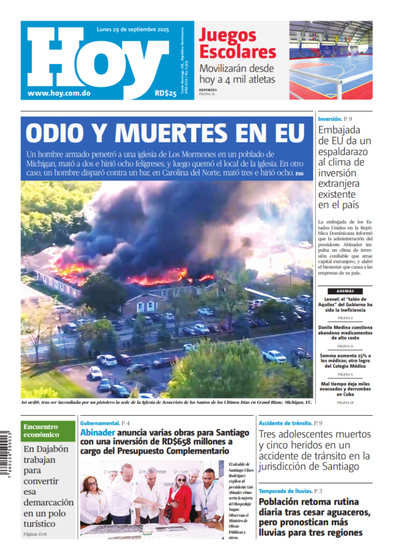 Portada Periódico Hoy, Lunes 29, Septiembre, 2025