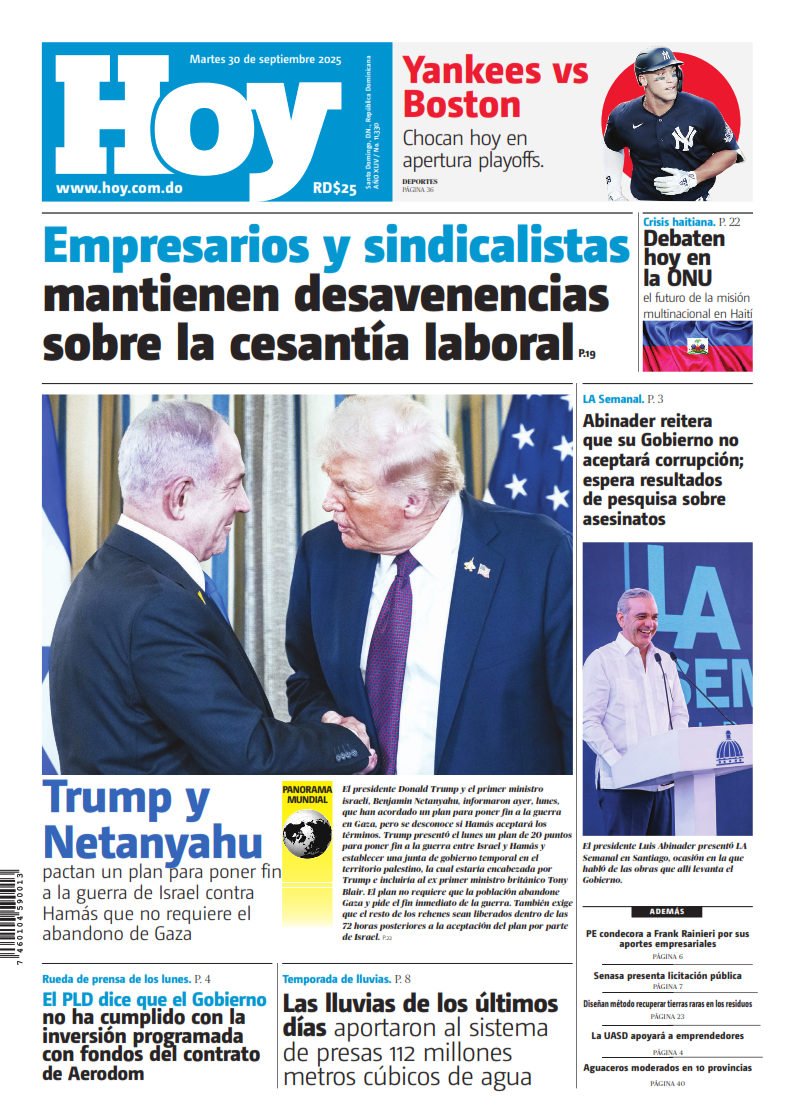 Portada Periódico Hoy, Martes 30, Septiembre, 2025