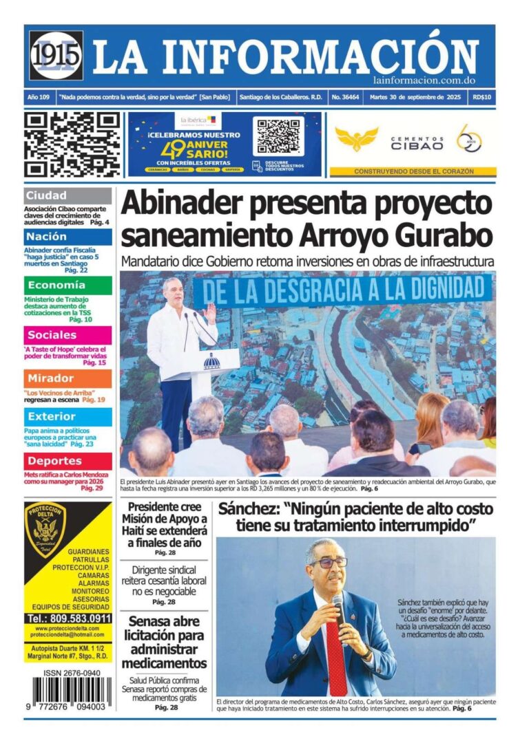 Portada Periódico La Información, Martes 30, Septiembre, 2025