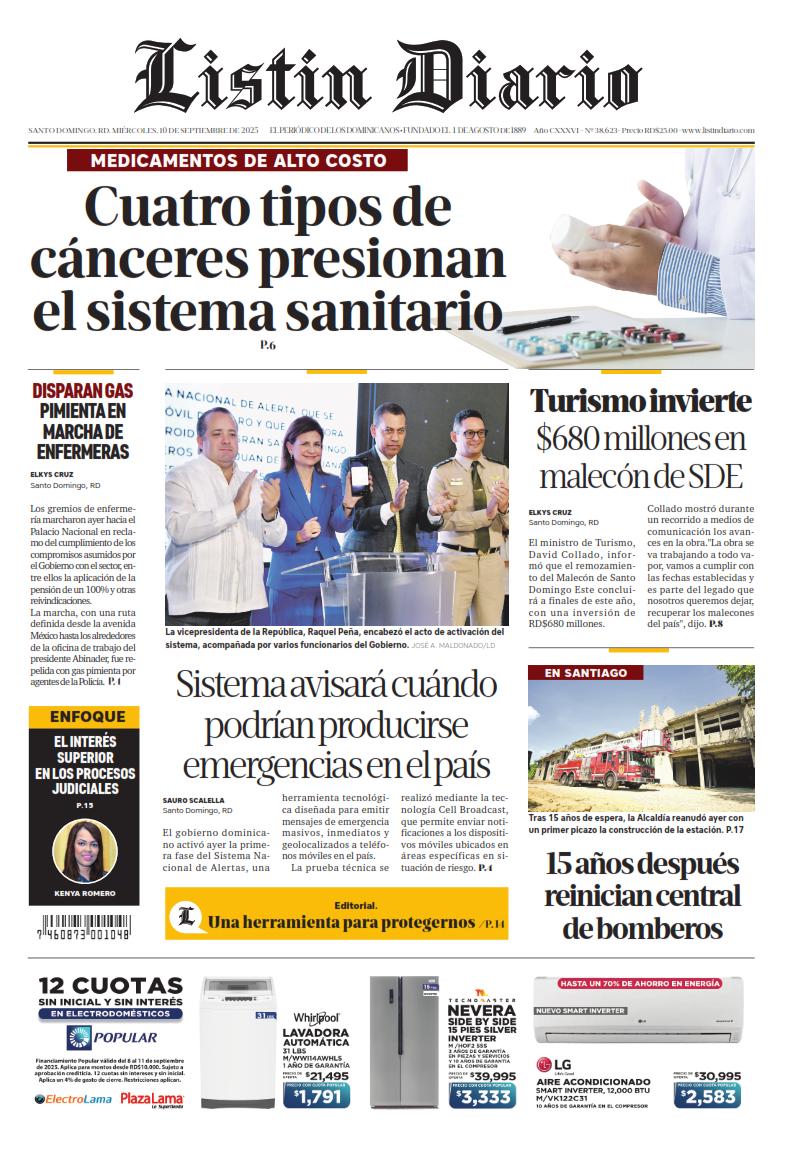 Portada Periódico Listín Diario, Jueves 11, Septiembre, 2025