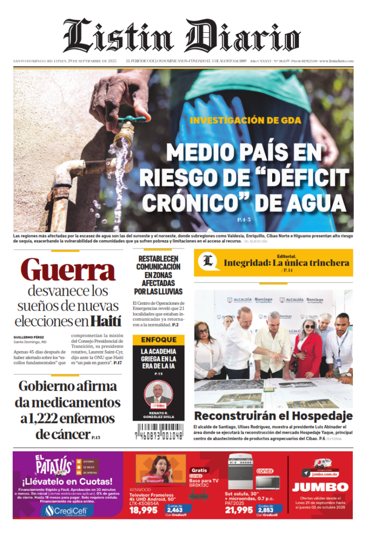 Portada Periódico Listín Diario, Lunes 29, Septiembre, 2025