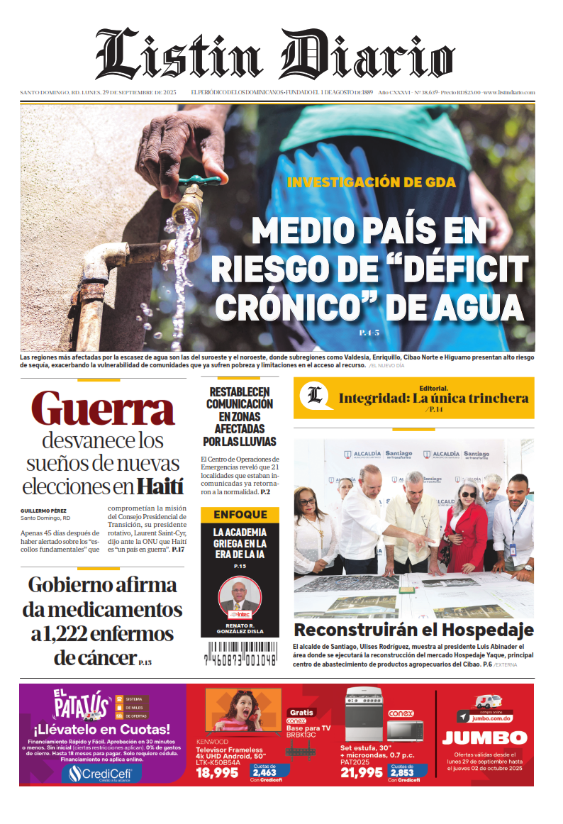 Portada Periódico Listín Diario, Lunes 29, Septiembre, 2025