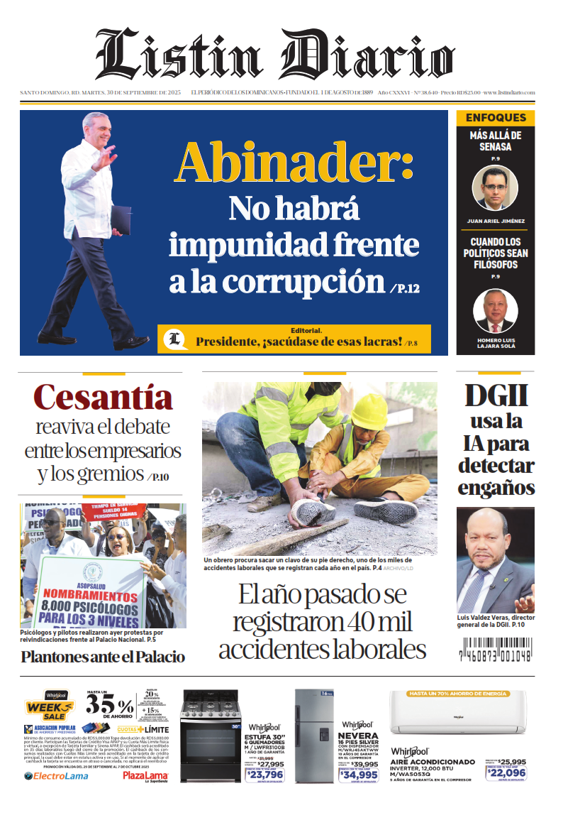 Portada Periódico Listín Diario, Martes 30, Septiembre, 2025