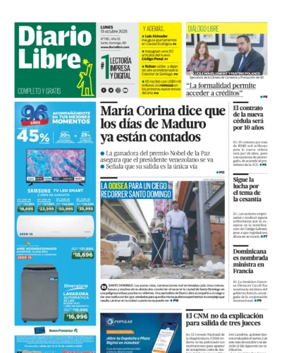 Portada Periódico Diario Libre, Lunes 13, Octubre, 2025