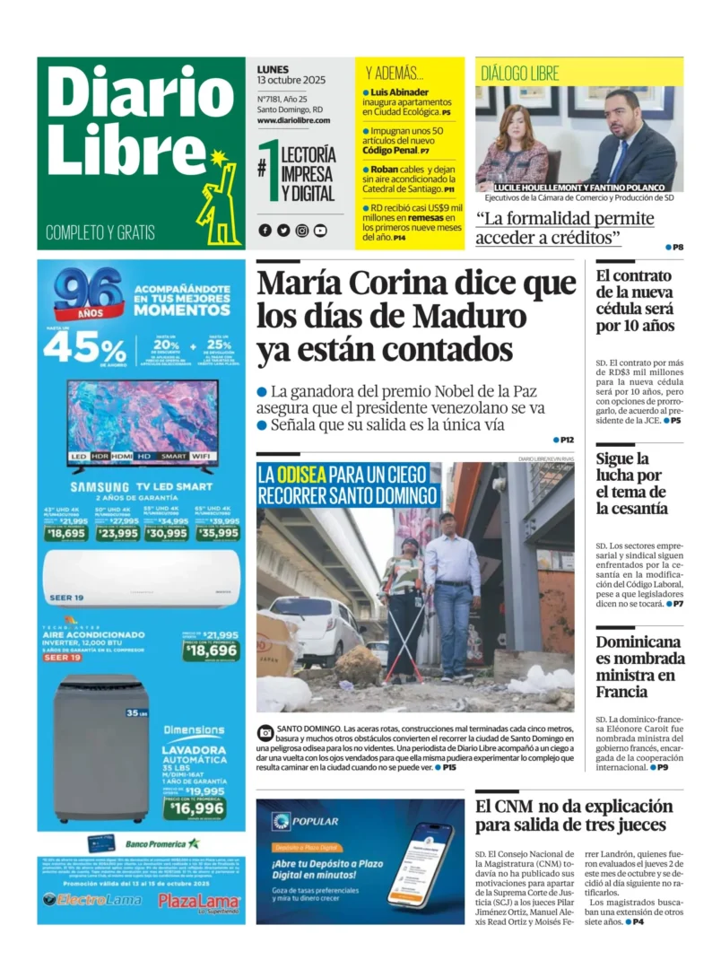 Portada Periódico Diario Libre, Lunes 13, Octubre, 2025