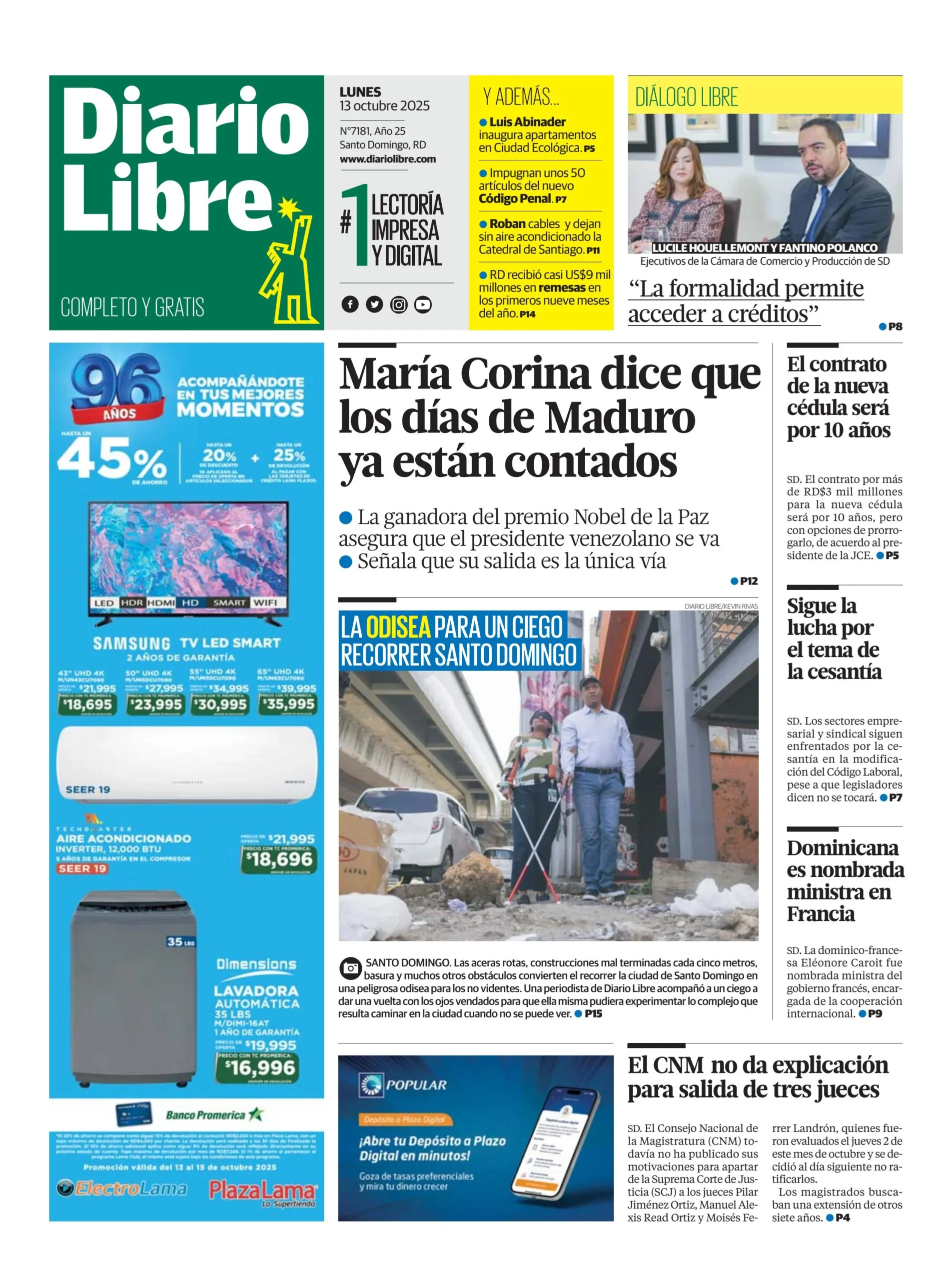 Portada Periódico Diario Libre, Lunes 13, Octubre, 2025