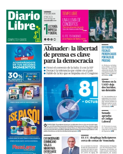 Portada Periódico Diario Libre, Viernes 17, Octubre, 2025