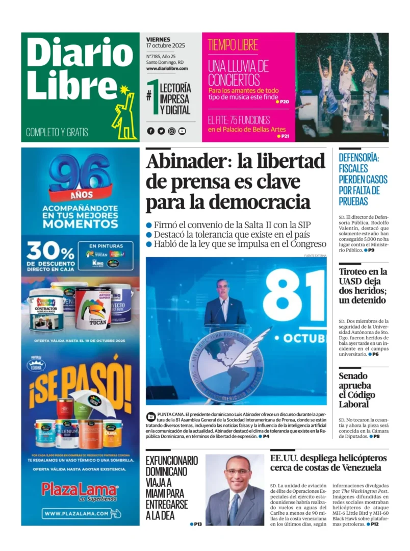 Portada Periódico Diario Libre, Viernes 17, Octubre, 2025