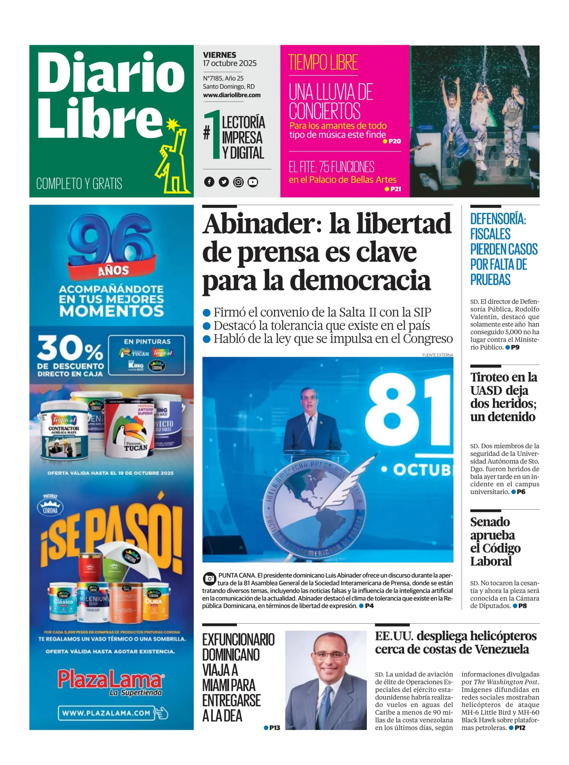 Portada Periódico Diario Libre, Viernes 17, Octubre, 2025 Portada Periódico Diario Libre, Viernes 17, Octubre, 2025