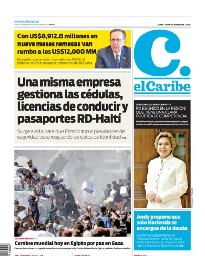 Portada Periódico El Caribe, Lunes 13, Octubre, 2025