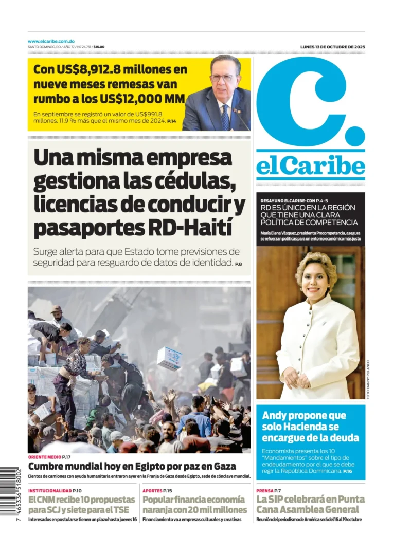 Portada Periódico El Caribe, Lunes 13, Octubre, 2025
