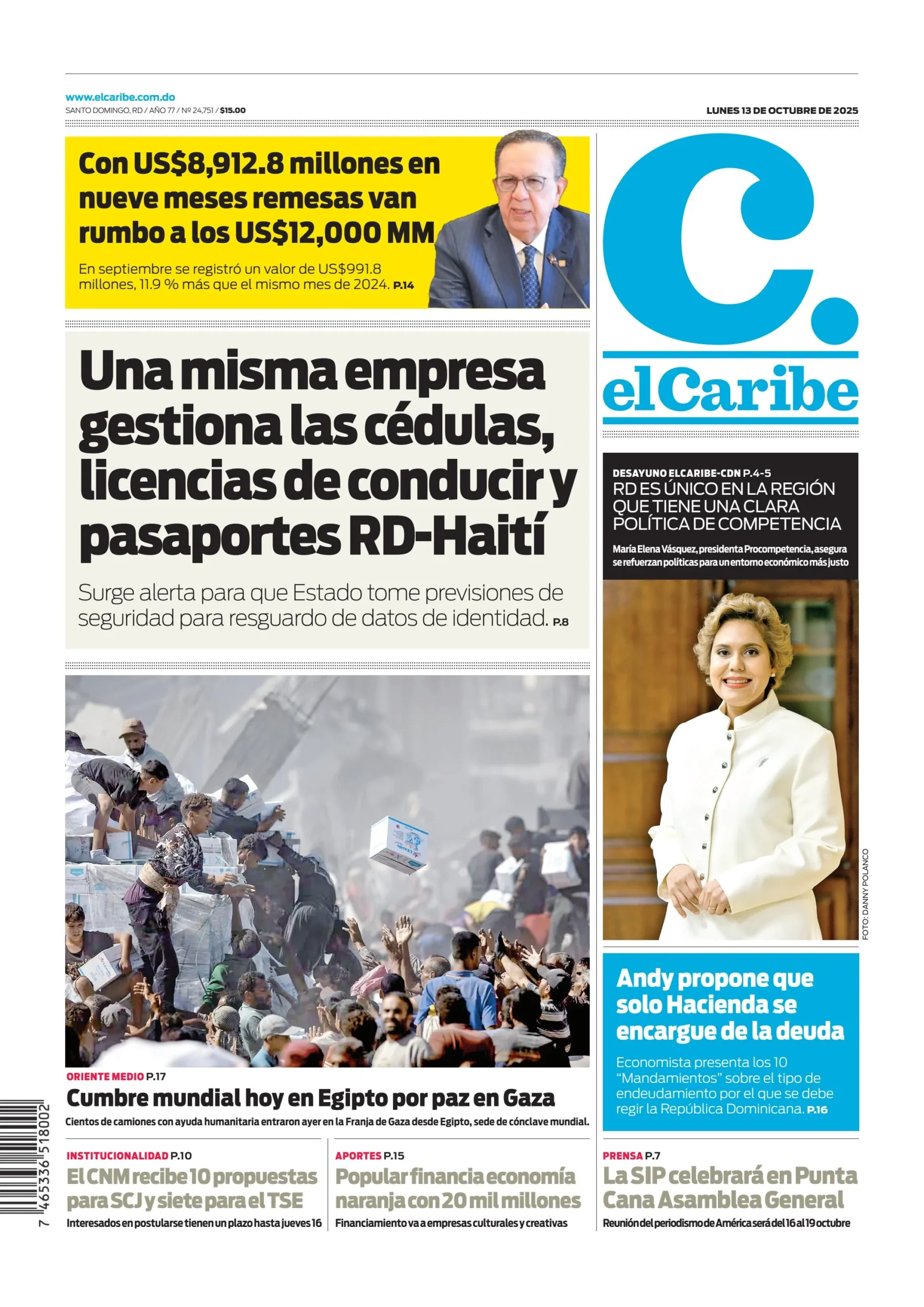 Portada Periódico El Caribe, Lunes 13, Octubre, 2025