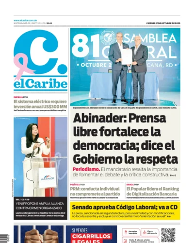 Portada Periódico El Caribe, Viernes 17, Octubre, 2025