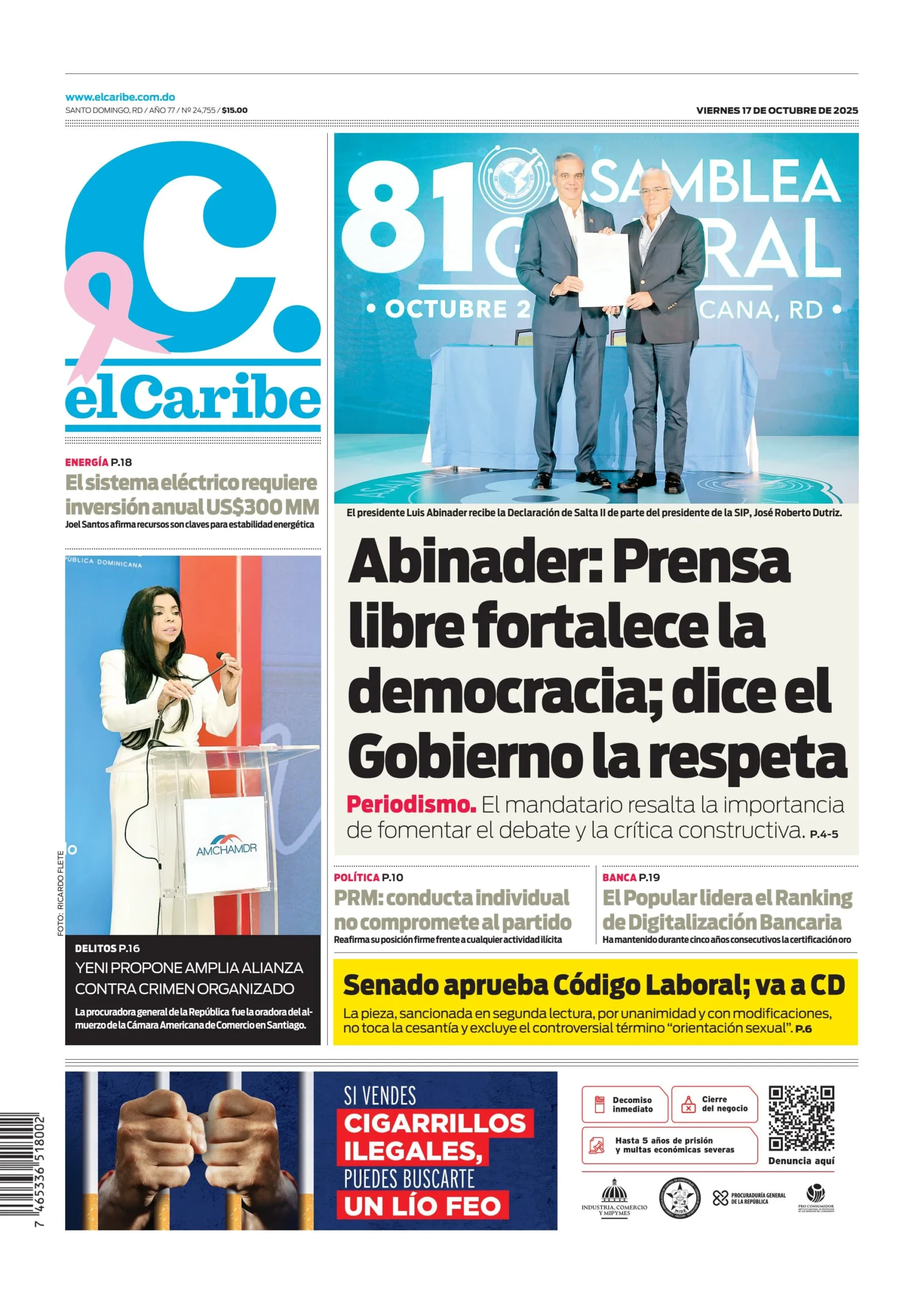 Portada Periódico El Caribe, Viernes 17, Octubre, 2025 Portada Periódico El Caribe, Viernes 17, Octubre, 2025