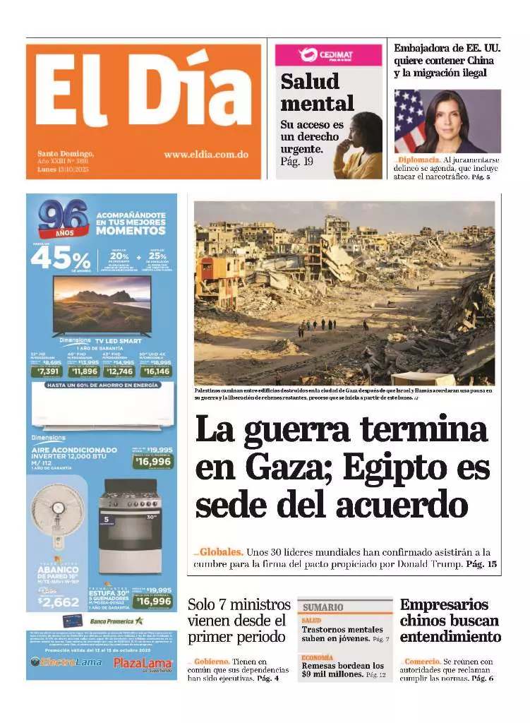 Portada Periódico El Día, Lunes 13, Octubre, 2025