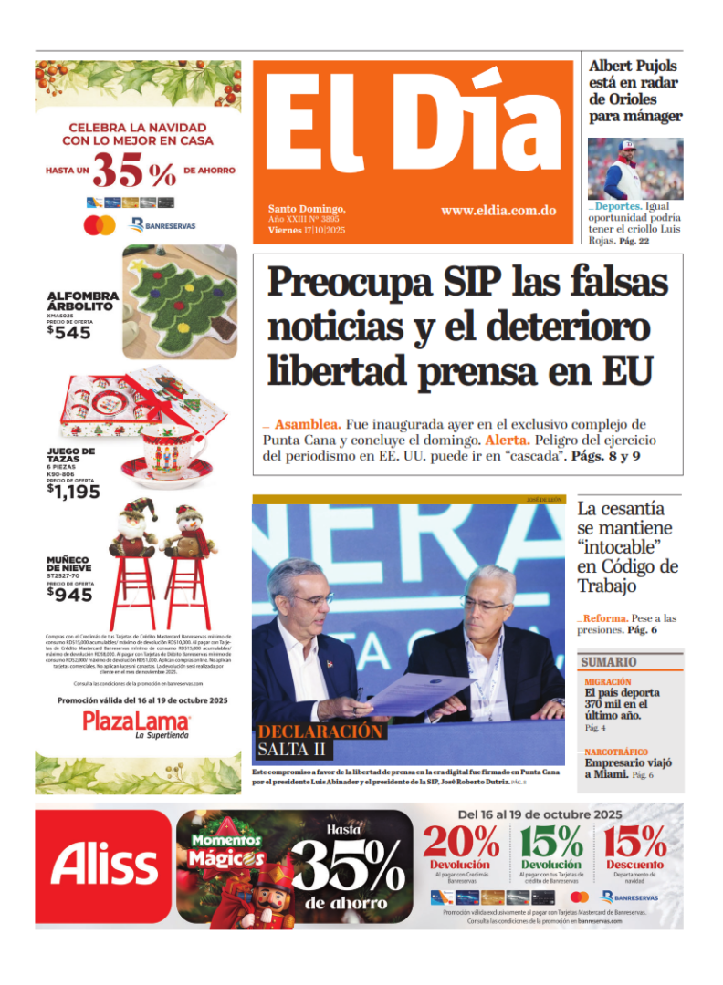 Portada Periódico El Día, Viernes 17, Octubre, 2025